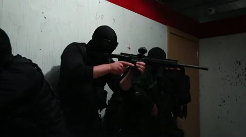 SWAT Team - 4 man stacked Entry Stock Footage 58306775
