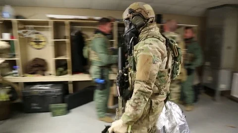 SWAT Trainees Return to Tack Room from Exercise Stock Footage 70562823