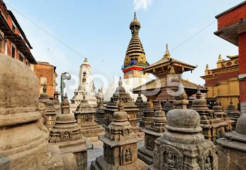 Swayambhunath (monkey temple) stupa on sunset kathmandu, nepal Stock Photos