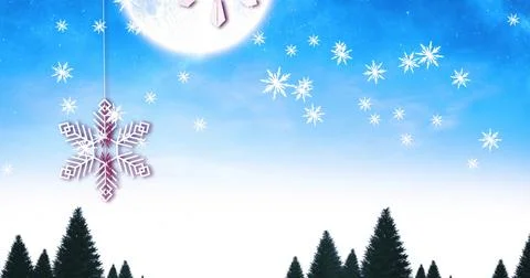 Swaying snowflake ornament on thin string above winter treetops, with glowing Stock Illustration