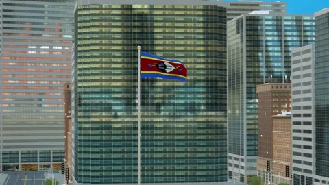 Swaziland Flag 3D Render Animation on Pole with Modern Business District Bui Video stock 332878799