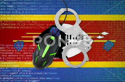 Swaziland flag and handcuffed computer mouse. Combating computer crime, hack Stock Photos