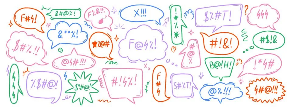 Swear speech bubble collection in crayon style. Doodle comic talk balloons .. Illustrazione stock