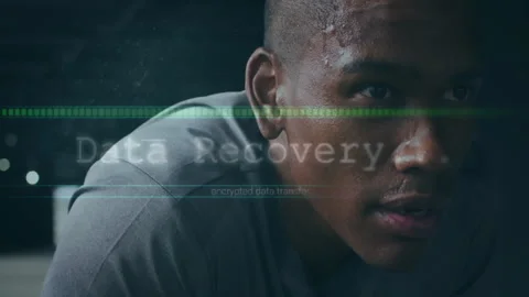 Sweating athlete with encrypted data transfer animation overlay on face Stock Footage 305519955