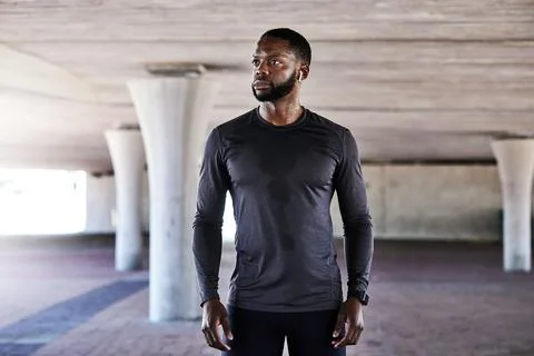 Sweating, black man and thinking outdoor with fitness mindset, earphones an.. Stock Photos