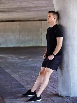Sweating, man and thinking outdoor with fitness mindset, space and rest wit.. Stock Photos