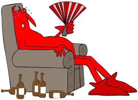 Sweaty red devil sitting in a chair Stock Illustration