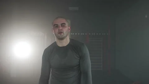 Sweaty Tired Fighter Looking at Camera After a Workout Stock Footage 174929064