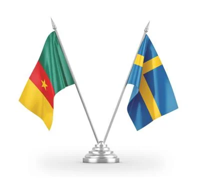 Sweden and Cameroon table flags isolated on white 3D rendering Illustrazione stock