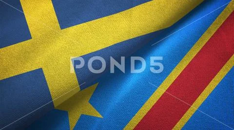 Sweden and Congo Democratic Republic two flags textile cloth, fabric texture Stock Photos