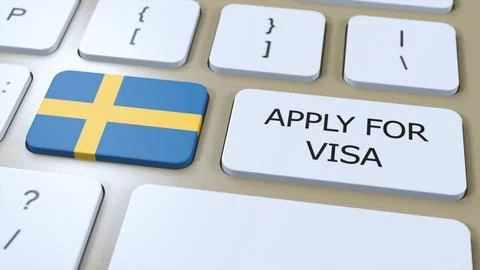 Sweden, Apply for Visa Concept. Button Push 3D Illustration. Visa Apply for Stock Illustration