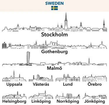 Sweden cities outline skylines vector set Stock Illustration