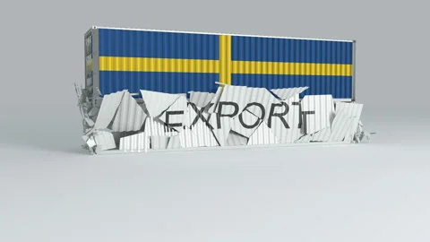 Sweden container with the flag falls on top of a container labeled EXPORT Stock Footage 124633035