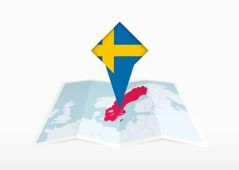 Sweden is depicted on a folded paper map and pinned location marker with fl.. Stock Illustration