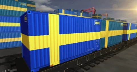 Sweden export containers on cargo train wagons loop Stock Footage 322908794