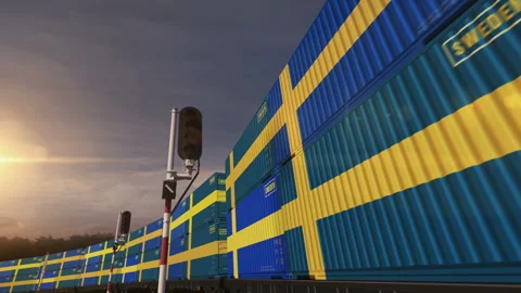 Sweden export containers on cargo train wagons loop Stock Footage 322908956