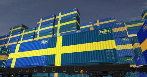 Sweden export containers on cargo train wagons loop Stock Footage 322909358
