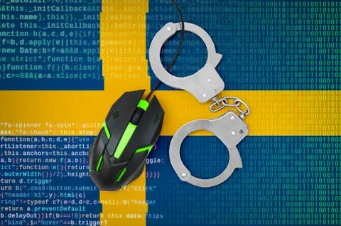 Sweden flag  and handcuffed computer mouse. Combating computer crime, hackers Stock-Fotos