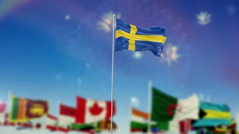 Sweden Flag With Flags Of The World And Fireworks Moring And Night 3D Rendering Video stock 149958658