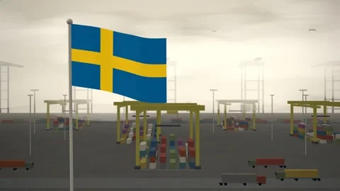 Sweden Flag Flying Over Container Terminal Stacking Yard seamless loop Stock-Footage 344853991
