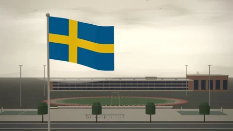 Sweden Flag Flying Over School Campus Running Track seamless loop Stock Footage 345381588