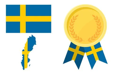 Sweden flag with map and gold medal in set for web and banners or app and gam Stock Illustration