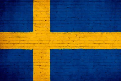 Sweden flag painted on brick wall. National country flag background photo Stock Illustration