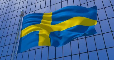 Sweden  flag on skyscraper building background. 3d illustration Ilustración de archivo