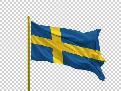 Sweden flag waving on a golden pole isolated on Transparent Background Stockillustratie