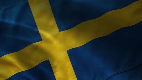 Sweden flag waving macro background with yellow Nordic cross on blue fabric, sea Stock Footage 339547678