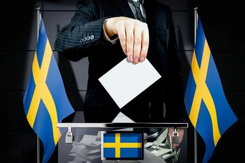 Sweden flags, hand dropping voting card - election concept - 3D illustration Ilustración de archivo