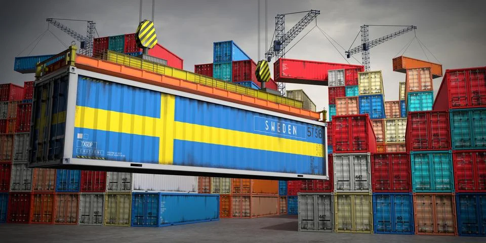 Sweden - freight container in cargo terminal - 3D illustration Stock Illustration