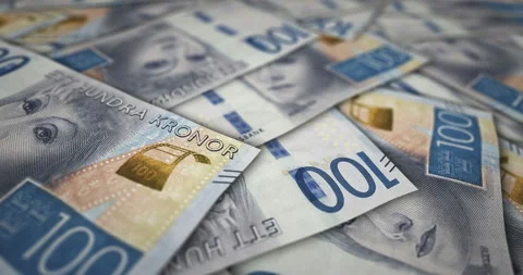 Sweden Krona 100 banknote flying over money surface Stock Footage 219614589