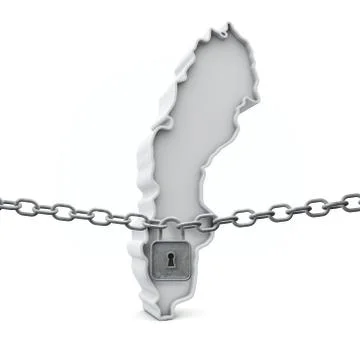 Sweden lockdown concept. Map with lock and chain. 3D Render Illustrazione stock