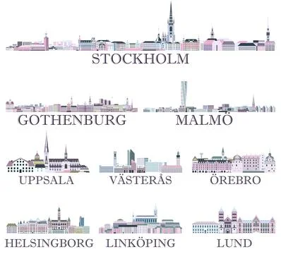 Sweden main cities skylines. Vector collection Illustrazione stock