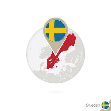 Sweden map and flag in circle. Map of Sweden, Sweden flag pin. Map of Swede.. Stock Illustration