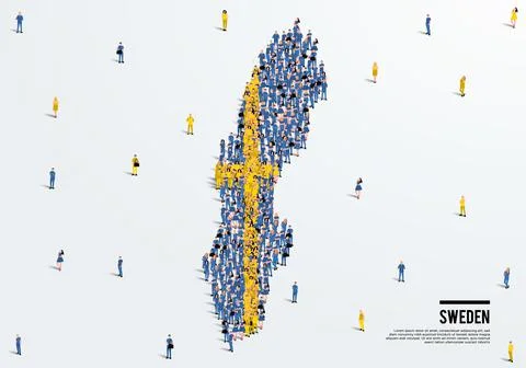 Sweden Map and Flag. A large group of people in the Swedish flag color. Illustrazione stock