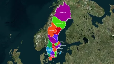 Sweden Map Animation Highlighting Administrative Provinces Zoom Effect 4K Stock Footage 336376918