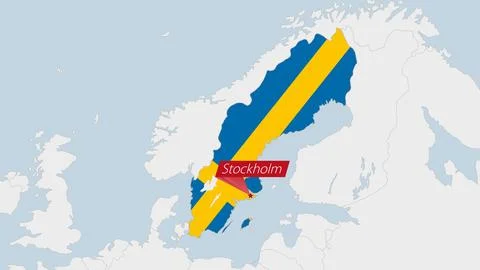 Sweden map highlighted in Sweden flag colors and pin of country capital Sto.. Stock Illustration