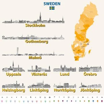 Sweden map with main cities on it and skylines detailed illustrations Stock Illustration