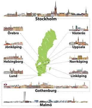 Sweden map with main cities on it and skylines detailed illustrations Illustrazione stock