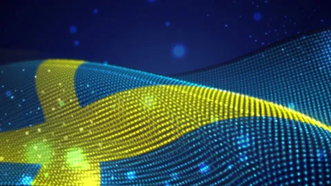 Sweden waving flag on blue background with bright flares, motion loop Stock Footage 149477073