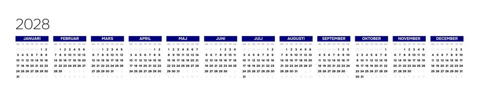 Swedish 2028 Horizontal Linear Grid Yearly Calendar Template Minimalist Corporat Stock-Illustration