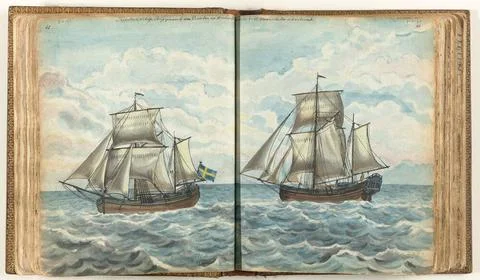 Swedish brick at sea. Color drawing over two pages of a sailing ship. Once... Stock Photos