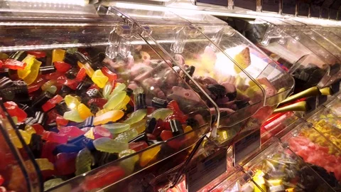 Swedish candy in lined up in boxes at store Stock Footage 111081141