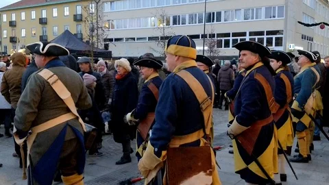 Swedish Carolean Soldiers Standing in a Crowd Back View Stock Footage 100554525
