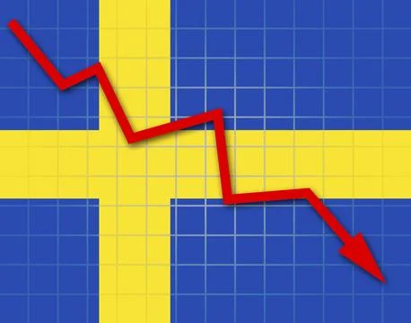 The Swedish flag and arrow graph going down Stock Illustration