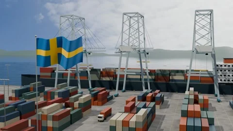 Swedish Flag Flying Over Container Port Terminal Cranes seamless loop Video stock 345508512