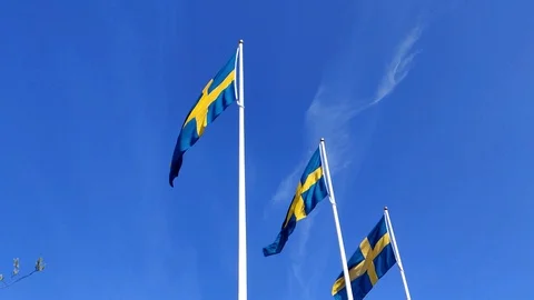 Swedish flag waving long slowmotion under the blue sky in flagpoles Stock Footage 108122649