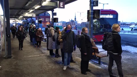 Swedish people queue respectfully at a bus stop in winter, waiting in orderly Stock Footage 338187180